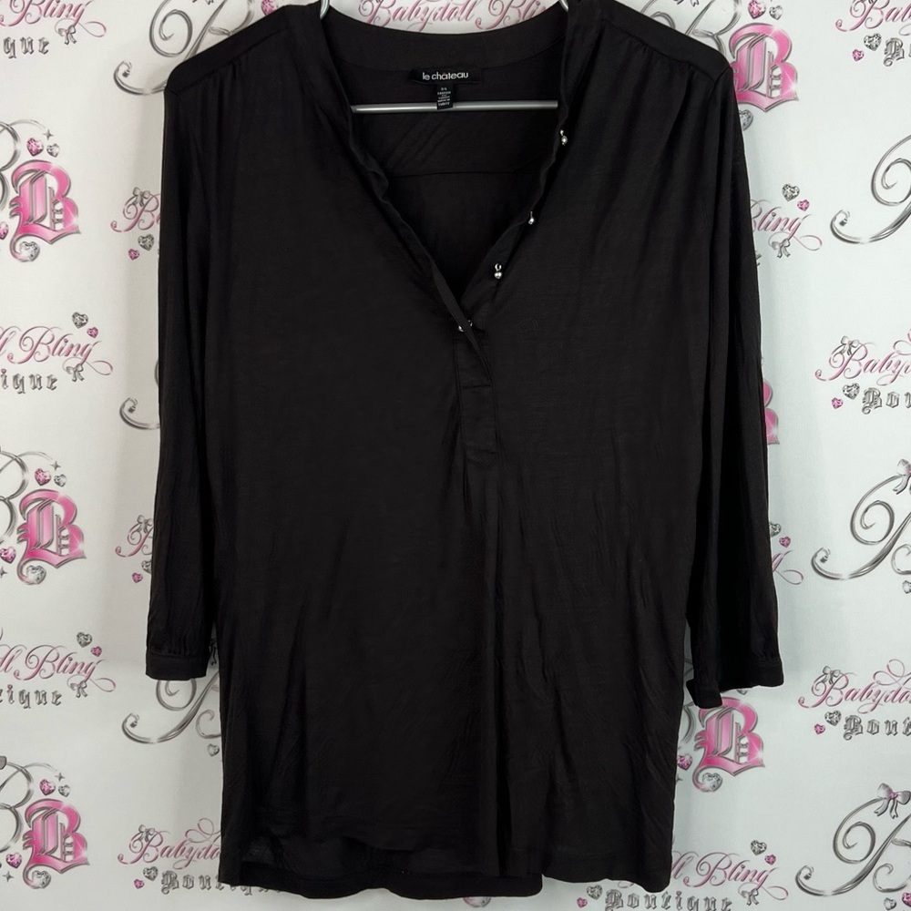 Le Chateau long sleeve Vneck dangly buttons Black Blouse with Button Detail